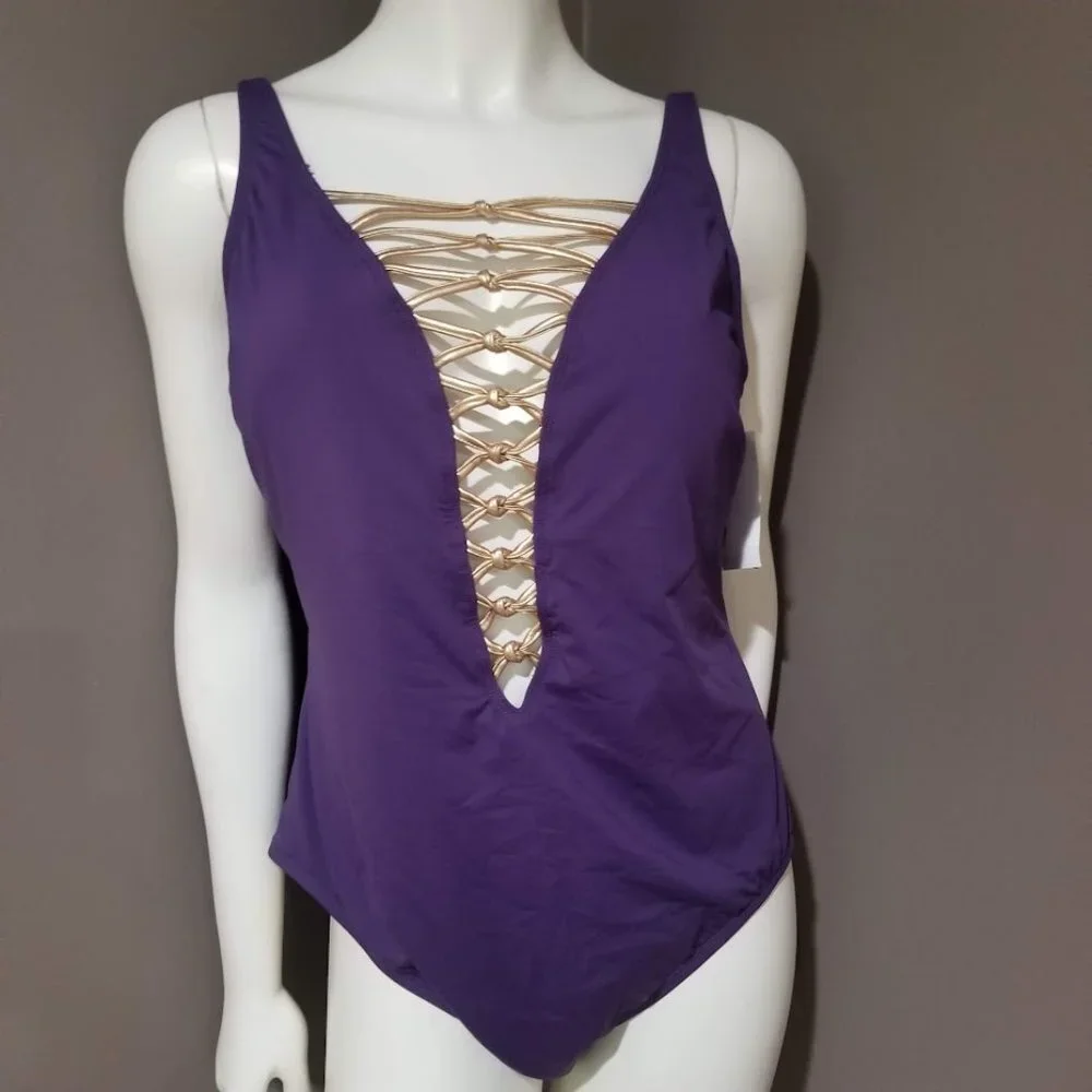 Bleu by Rod Beattie Kore One Piece High Neck Lace Down Swimsuit Purple Size 16W - Picture 2 of 13
